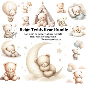 27 Aquarell Beige Teddybär Clipart, Neutral Baby-Dusche Clipart, schlafende Teddybären PNG, Vintage Teddybär, niedliche Teddy Clipart, Boho