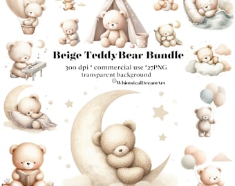 Puede incluir: Un conjunto de 27 ilustraciones digitales de osos de peluche beige en varias poses. Los osos se representan en diferentes entornos, incluyendo un globo aerostático, una tienda de campaña, una nube, una luna creciente y tocando un piano. Las ilustraciones son de 300 dpi y tienen un fondo transparente. El texto "Beige Teddy Bear Bundle" y "300 dpi * commercial use * 27 PNG transparent background" está incluido en la imagen.
