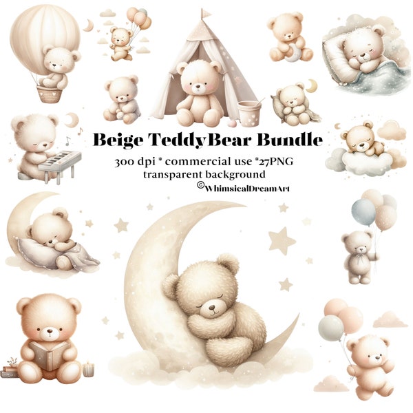 27 Watercolor Beige Teddy bear clipart, Neutral baby shower clipart, Sleeping Teddy Bears PNG, vintage teddy bear, cute teddy clipart, Boho