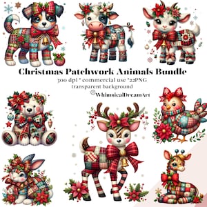 May include: A bundle of Christmas patchwork animal illustrations, including a dog, cow, goat, bear, deer, chicken, rabbit, and giraffe. Each animal is adorned with festive bows, bells, and floral accents. The text "Christmas Patchwork Animals Bundle" is displayed.