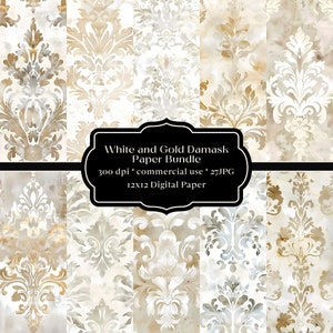 27 White and Gold Distressed Damask Textures, gold accents, backgrounds, rustic vintage textured paper, grunge scrapbook, Holographic, beige