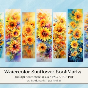 20 Aquarell Sonnenblumen Lesezeichen Designs, druckbarer digitaler Download, Sublimieren, drucken und schneiden, Bündel, Feenwald, magisch, floral, Herbst