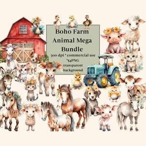 54 Watercolor Boho Farm Animal Clipart cute chickens, chicks, horses, cows, cats, dogs, sheep, Baby Farm Animals PNG Bundle , commercial use