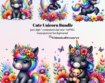 May include: A set of four digital illustrations of cute black unicorns with rainbow manes and tails. Each unicorn is wearing a flower crown and is surrounded by colorful flowers. The text "Cute Unicorn Bundle" is written in the center of the image.