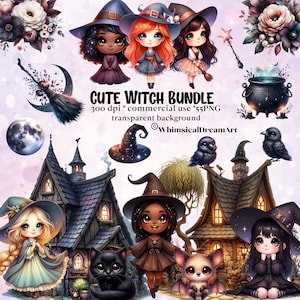 55 かわいい魔女の水彩画クリップアート、魔女のバンドル、水彩画のかわいいファンタジー png、かわいい黒猫 PNG、コウモリ、魔法の杖、大釜、神秘的、呪文