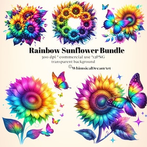 Colección de 12 imágenes prediseñadas de girasoles arcoíris en acuarela, girasoles de verano, girasol PNG, girasoles neón PNG, mariposa brillante, uso comercial