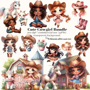 43 Niedliches Cowgirl Aquarell Clipart, rosa Cowgirl-Bündel, Baby-Pferd PNG, süße Tiere, Kuh, Cowboyhut, kommerzielle Nutzung, Stiefel, kleines Mädchen