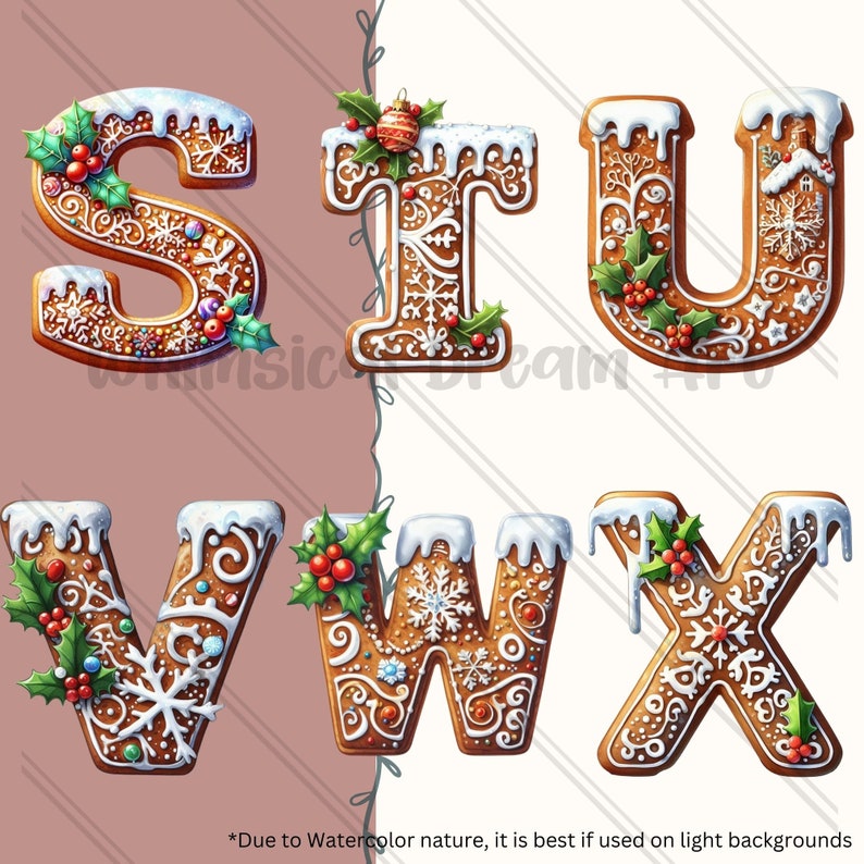 K&ouml;nnte beinhalten: Lebkuchenbuchstaben, verziert mit Zuckerguss, Stechpalme und Schneeflocken. Die Buchstaben buchstabieren "STU VWX".