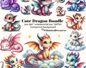 36 PNG Aquarell süße Drachen Clipart, Drachen Bilder, niedlicher Drache, süßes Tier, Fantasy, Card Making, Scrapbook, Junk Journal, Kunsthandwerk