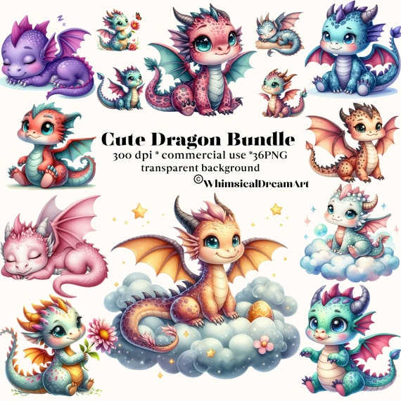 36 PNG Watercolour Cute Dragons Clipart, Dragon images, Cute dragon, Cute animal, Fantasy,  Card Making, Scrapbook, Junk Journal, Crafts