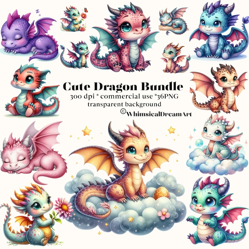 36 PNG 水彩かわいいドラゴン クリップアート、ドラゴン画像、かわいいドラゴン、かわいい動物、ファンタジー、カード作成、スクラップブック、ジャンク ジャーナル、工芸品 画像 1