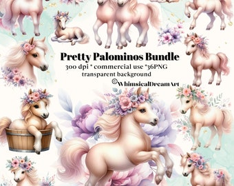 May include: A digital clipart bundle of 36 PNG images featuring adorable palomino horses with floral crowns. The horses are in various poses, including standing, sitting, and lying down. The background is transparent, making these images perfect for adding to digital projects.