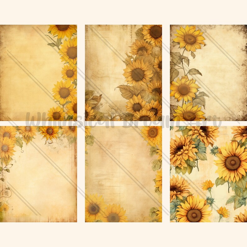 24 Sunflower Digital Paper, Printable Vintage Floral Digital Paper ...