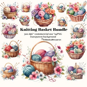 24 Aquarell Blumen Stricken Korb Clipart, Garn und Wolle PNG, Stricken und Häkeln Aquarell, Hobby, sofortiger digitaler download PNG