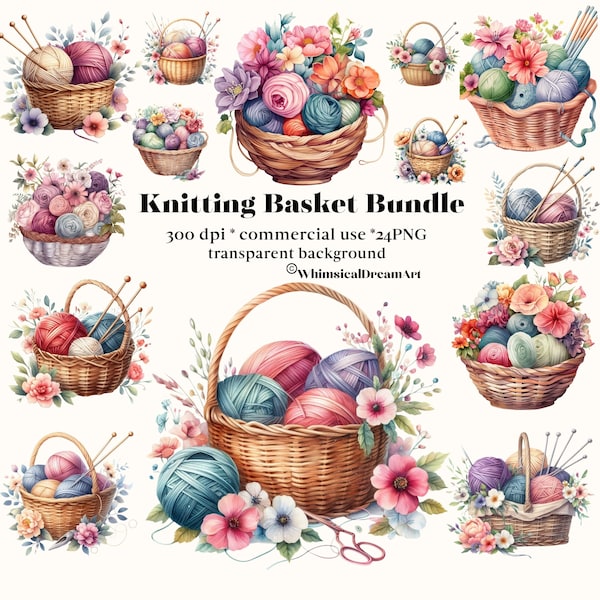 24 Watercolor Floral Knitting Basket Clipart, Yarn and Wool PNG, Knitting and Crochet Watercolor, Hobby, Instant digital download PNG