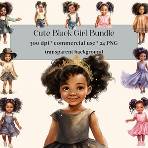24 PNG Cute Black Girls Acquerello Bundle, Little Black Girl PNG Clipart Bundle, bambini neri png, afro png, Abiti da principessa, Bambino che gioca