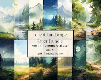 25 Forest Landscape Journal Paper, notebook digital Watercolor Woodland Clipart, Trees, Wall Art, Forest Scene, Hiking Trail, printable, JPG