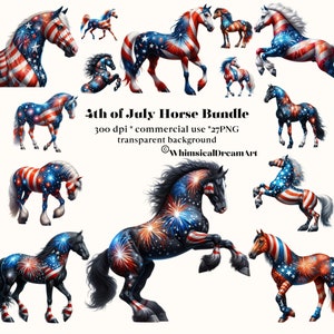 27 4. Juli Pferd PNG-Sammlung, Vaterländische Clipart-Set, niedliche Aquarell Sublimationsentwürfe, Urlaub, Western, Bauernhof Tiere, Bündel