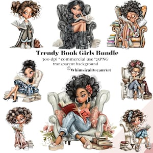 25 Reading girl clipart, Cute Whimsical curly hair PNG, scrapbooking, Bookish Girl Watercolor, Bookworm Reader, notebook cover art