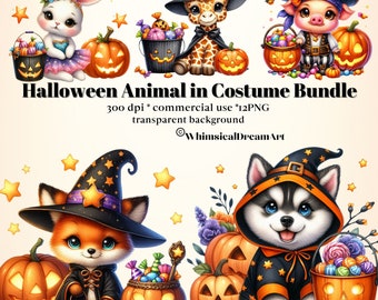 12 Watercolor Cute Halloween Animal Collection Clipart, Halloween Clipart, Cute Halloween Animals Clipart, Animal PNG Bundle, Commercial Use