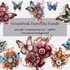 29 PNG romántico Steampunk mariposa ClipArt, acuarela Steampunk, mariposas y flores, imágenes prediseñadas de fantasía, uso comercial, Digital instantáneo