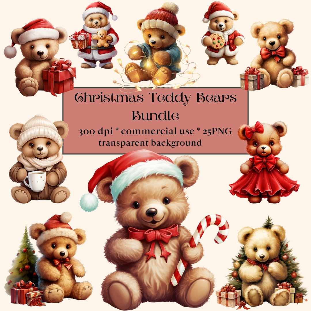 25 Clipart di orsacchiotti di Natale ad acquerello, cartoline di Natale