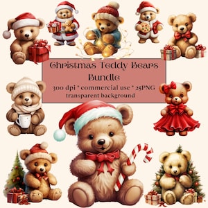 25 imágenes prediseñadas de oso de peluche de Navidad de acuarela, tarjetas de Navidad, invierno, vacaciones, oso de Navidad PNG, uso comercial, paquete de impresión, arte de diario