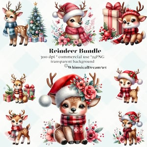 24 Weihnachten niedlichen Rentier Clipart Bundle, Aquarell Hirsch, rosa Weihnachten, Baby Tiere Clipart, Santa, PNG, Winter Geschenk, Junk Journal