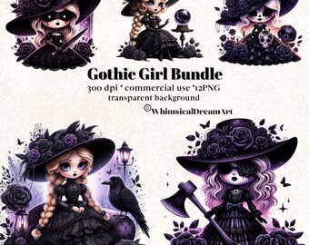 May include: A digital illustration bundle of four gothic girls with black dresses, black hats, and black roses. Each girl has a different accessory, including a knife, a crystal ball, a skull, and an axe. The text "Gothic Girl Bundle" is at the bottom of the image.