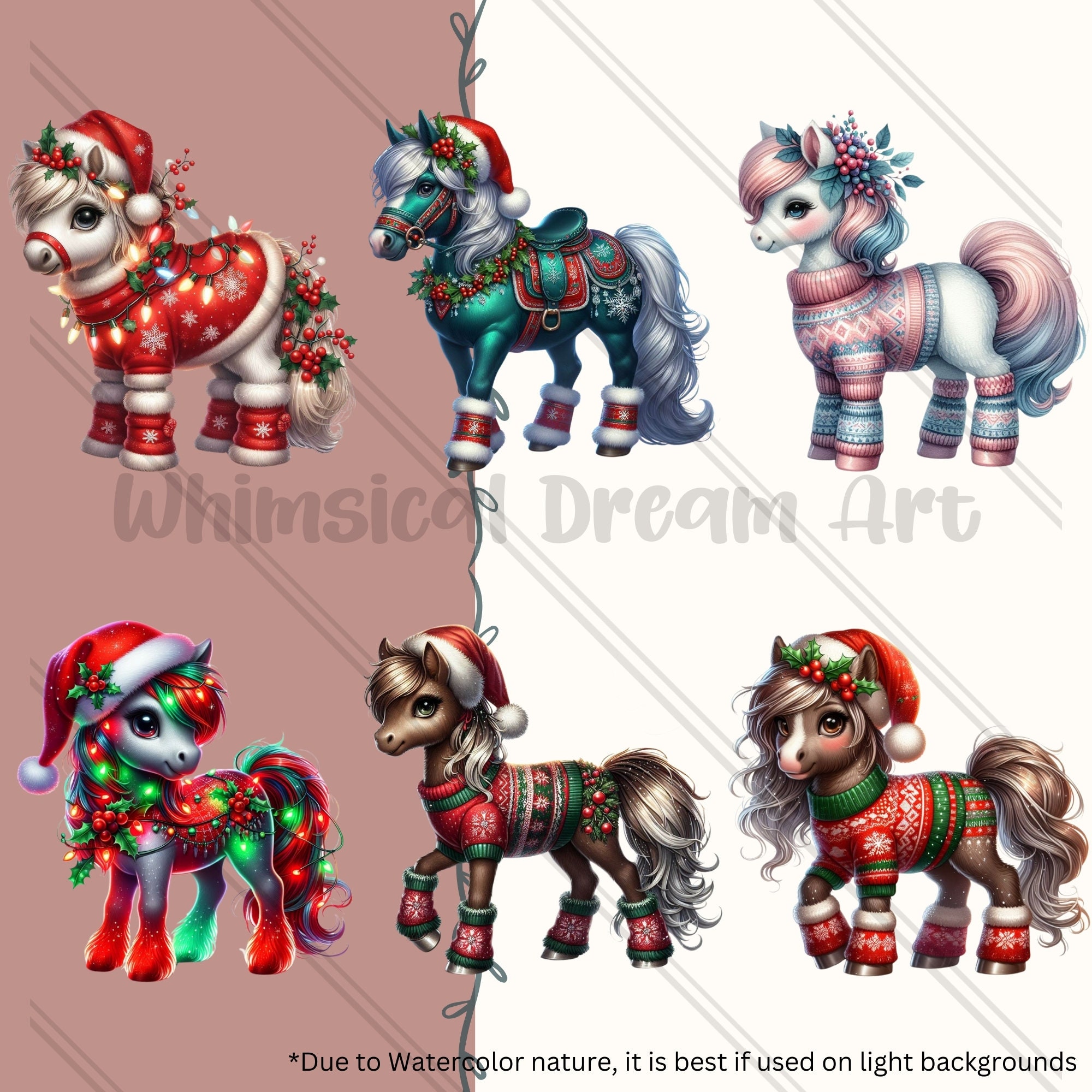 27 Christmas Ponies PNG Collection, Horse Clipart Set, Watercolor Horse ...