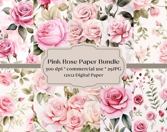 29 Carta per acquerello con rose rosa, carta per scrapbooking con motivi floreali rosa cipria (download digitale JPG)