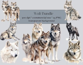 May include: Watercolor illustrations of wolves in various poses and colors, including gray, brown, and white. The image includes the text "Wolf Bundle" with details about the resolution, commercial use, and transparent background.