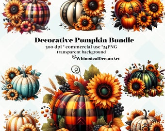 May include: A digital clipart bundle of 8 decorative pumpkins with sunflowers, berries, and leaves. The pumpkins are in various colors and patterns, including plaid, teal, and orange. The text "Decorative Pumpkin Bundle" is at the top of the image.