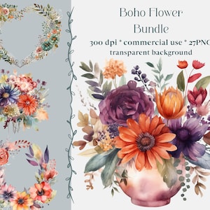 27 Boho Flowers PNG bundle, Watercolor Floral Clipart Bouquets, Elements, Commercial Use, Digital clipart PNG, shabby floral wedding
