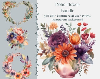 Watercolor Boho Flower Clipart Bundle, Floral Bouquets (PNG)