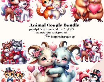 24 Valentine Animal Couple Clipart, aby animals, Romantic clip art, Woodland Animal, love clipart for Valentine's Day card, Valentine Hearts