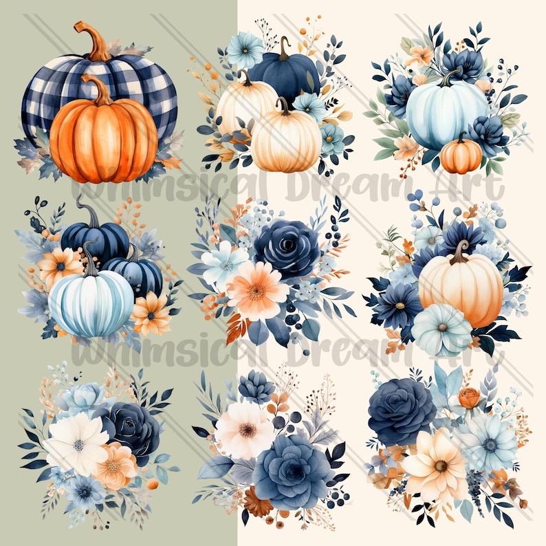 40 Watercolor Blue Fall Clipart, Dry Flowers, Pumpkins Floral Clipart ...