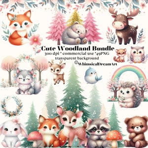 Bundle de cliparts aquarelle mignons paillettes animaux de la forêt, usage commercial, PNG transparent, chambre de bébé, renard, ours, cerf, hérisson, hibou