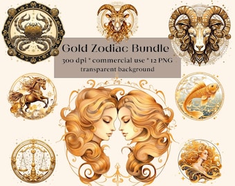 12 PNG Zodiac Signs Clipart Horoscope Clip Art Bundle - Astrological Chart Elements Fire Water Earth Air Commercial Use, Magic & Astrology