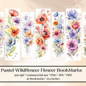 20 Aquarell Pastell Wildblumen Lesezeichen Designs, Druckbare digitaler Download, Sublimieren, drucken und schneiden, Gänseblümchen, Fee, magisch, floral, Herbst
