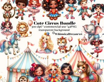 May include: A digital clipart set featuring a variety of cute circus characters, including clowns, animals, and a circus tent. The characters are illustrated in a cartoon style with bright colors and whimsical details. The set includes 42 PNG files with transparent backgrounds.