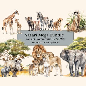 52 Safari Animals Clipart Aquarela Bundle, Jungle Safari PNG, African Animals Wild Life Clip Art, Safari Sublimation Digital, Leão, Zebra
