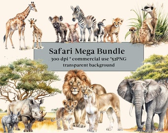 52 Safari Animals Clipart Watercolor Bundle, Jungle Safari PNG, African Animals Wild Life Clip Art, Safari Sublimation Digital, Lion, Zebra