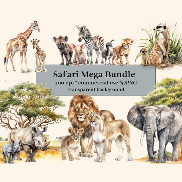 52 Safari Animals Clipart Watercolor Bundle, Jungle Safari PNG, African Animals Wild Life Clip Art, Safari Sublimation Digital, Lion, Zebra