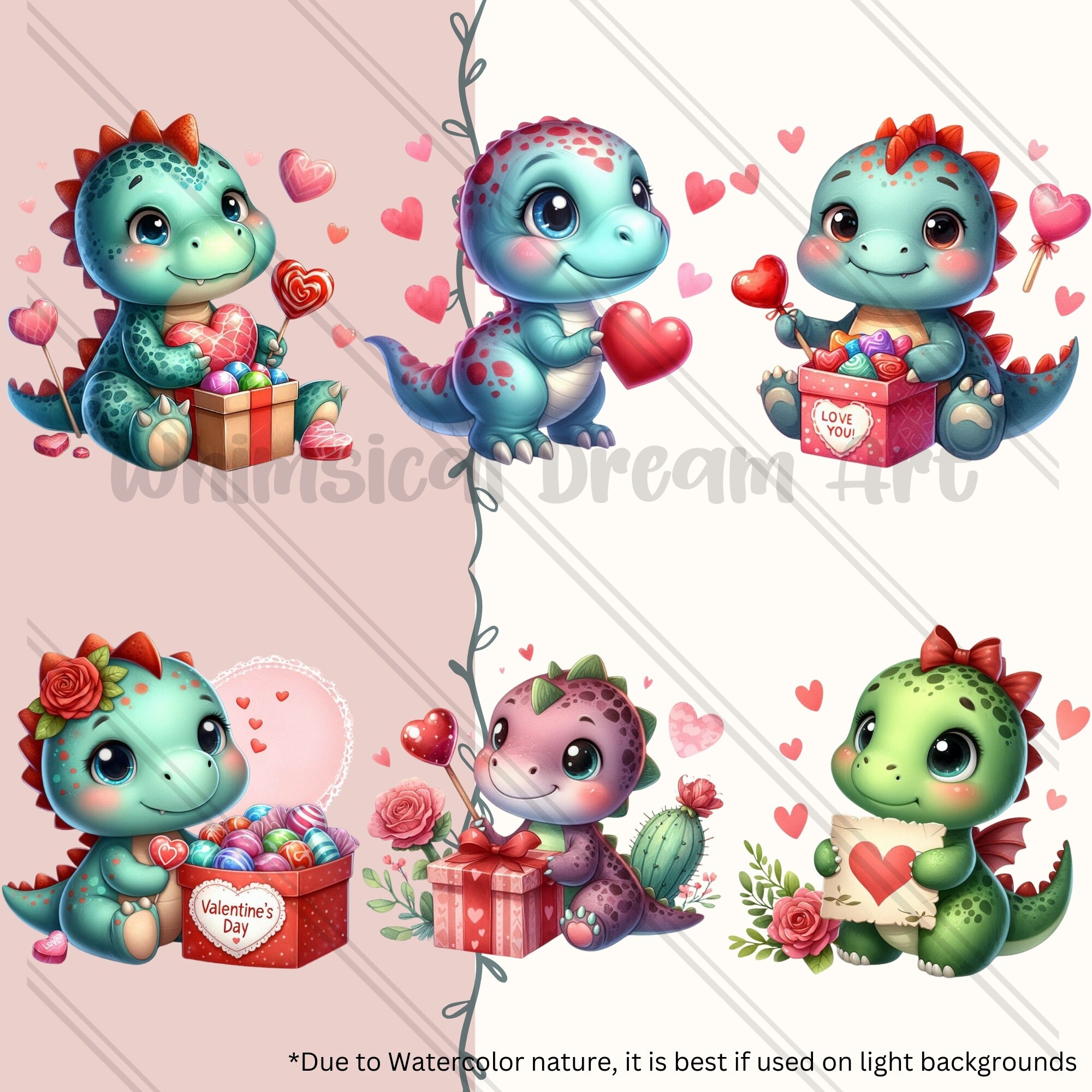 26 Watercolor Cute Valentine Dino Clipart, Dinosaurs Watercolor Clipart ...