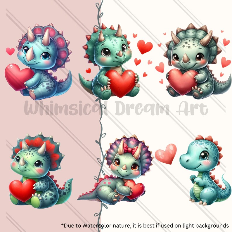 26 Watercolor Cute Valentine Dino Clipart, Dinosaurs Watercolor Clipart ...