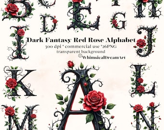 Dark Fantasy Rose Alphabet Clipart, Gothic Blumen Buchstaben A bis Z Monogramm Romantische Botanische Buchstaben Aufkleber Hochzeit, Großbuchstaben Alphabet Set