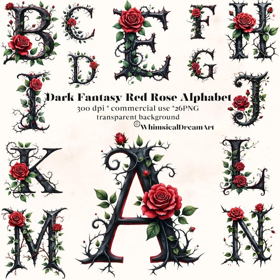 Dark Fantasy Rose Alphabet Clipart, Gothic Floral Letters A to Z Monogram Romantic Botanical Letters Stickers Wedding,Uppercase Alphabet Set