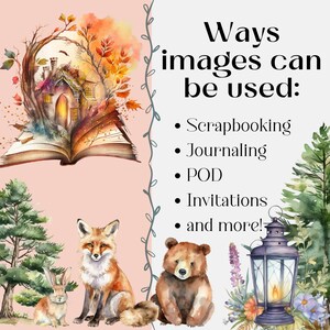K&ouml;nnte beinhalten: Eine Aquarell-Illustration eines Buches mit einem Haus und B&auml;umen, die aus ihm herauswachsen. Der Text lautet "Ways images can be used: Scrapbooking, Journaling, POD, Invitations, and more!" Es gibt einen Fuchs, ein Kaninchen, einen B&auml;ren und eine Laterne mit einer Flamme.
