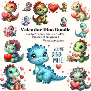 26 Aquarela Cute Valentine Dino Clipart, dinossauros aquarela clipart, decoração de berçário de dinossauros, Trex PNG, downloads de namorados, cartões, coração